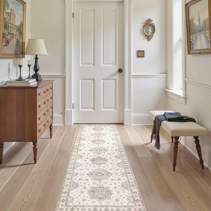 Washable 2x6 Runner Rug - Area Rugs Neutral Vintage Distressed Floral Farmhouse Boho Large Soft Floor Rug Indoor Carpet for Hallway Entryway Bedroom Kitchen - Beige Brown-Ruum Studio Home