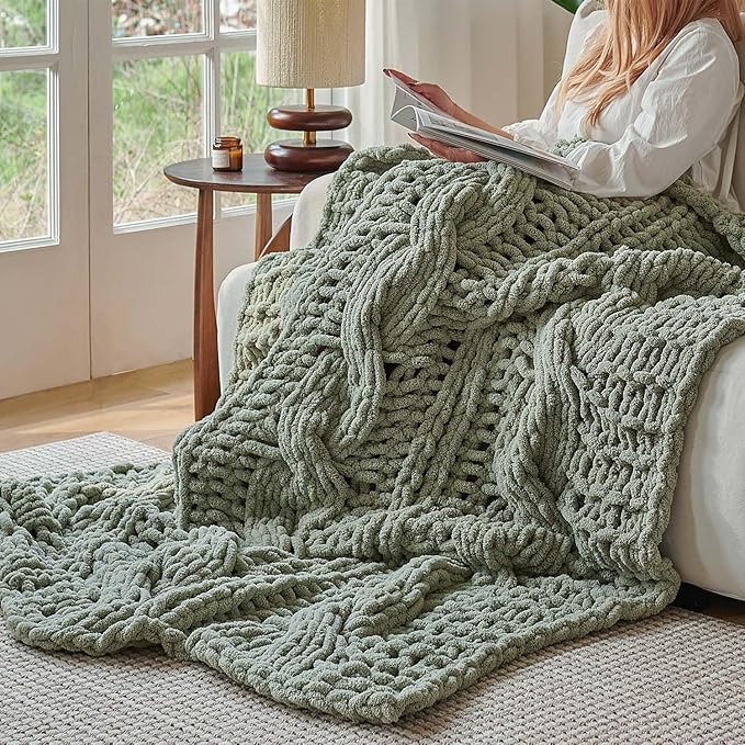 Esterra Chunky Knit Blanket Throw 50"x60", 100% Hand Knitted Chenille Throw Blanket, Cozy Soft Thick Cable Knit Throw Large Rope Knot Crochet Throw Blanket for Sofa Couch Bed, Sage Green-Ruum Studio Home