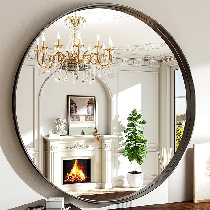 36 Inch Round Bathroom Mirror - Wall Mounted Circle Mirror with Metal Frame, Modern Mirror Suitable for Bathroom, Vanity, Entryway, Living Room, Wall Decor,Black-Ruum Studio Home
