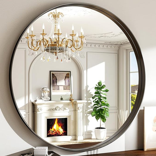48 Inch Round Bathroom Mirror - Wall Mounted Circle Mirror with Metal Frame, Modern Mirror Suitable for Bathroom, Vanity, Entryway, Living Room, Wall Decor,Black-Ruum Studio Home