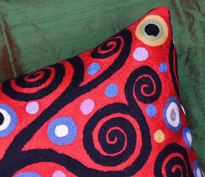 Klimt Tree of Life Pillow Cover | Red Floral Pillowcase | Flower Accent Pillows |Suzani Cushions | Flower Pillows | Modern Floral Cushion Cover | Hand Embroidered Wool Size - 18x18-Ruum Studio Home
