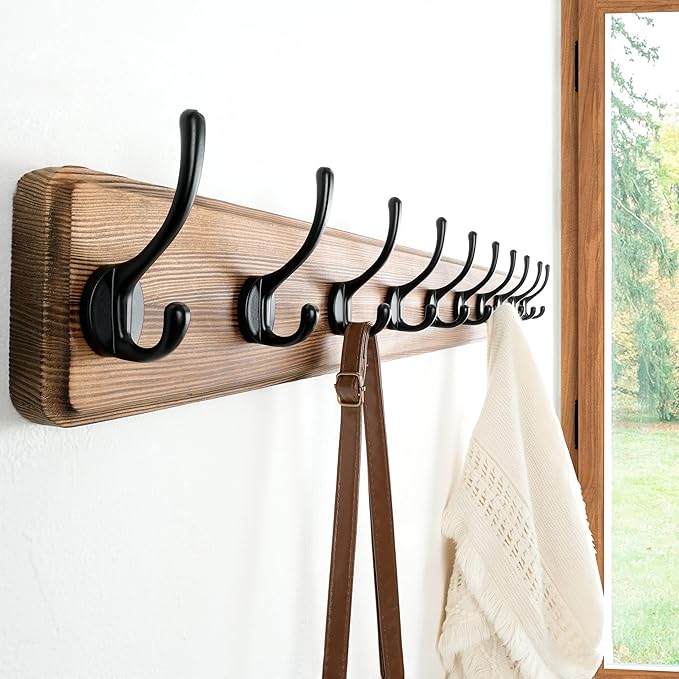 Dseap Wall Mounted Coat Rack: 38-1/4" Long, Patented, Heavy-Duty, 10-Double-Hooks Wooden Hanger Rail for Winter Coats, Hat, Jacket, Clothing - Natural & Black-Ruum Studio Home