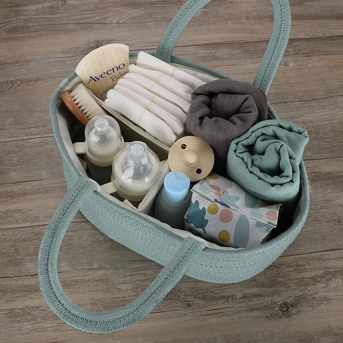 Diaper Caddy Organizer for Baby Cotton Rope Nursery Storage Bin Basket Portable Holder Tote Bag for Changing Table Car Travel Baby Shower Gifts Newborn Essentials Registry Must Haves Light Green-Ruum Studio Home