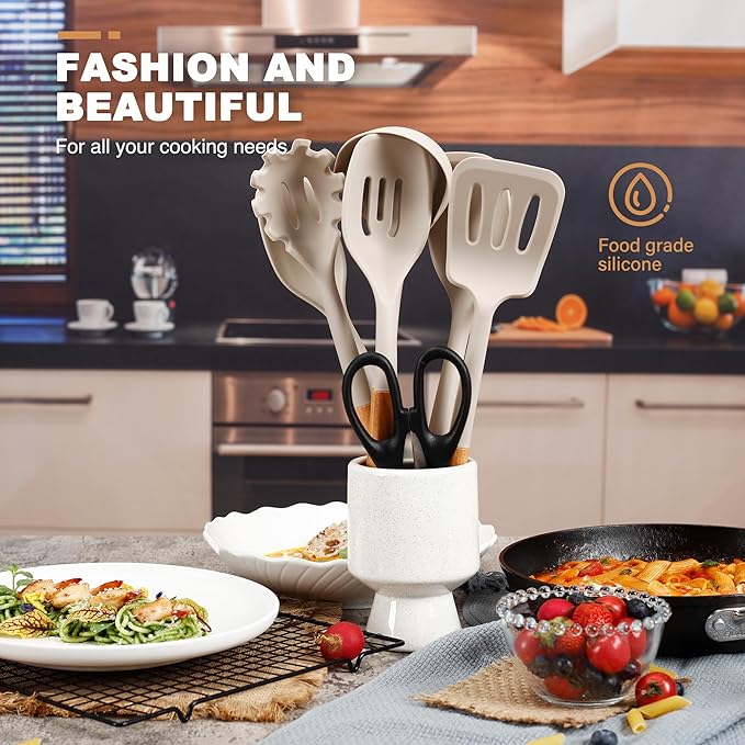 QMVESS Silicone Cooking Utensils Set, Kitchen Utensils Set 7 Pcs with Long Wooden Handle, Food Grade and Heat Resistant Large Silicone Spatula Set for Nonstick Cookware, BPA Free（Khaki）-Ruum Studio Home