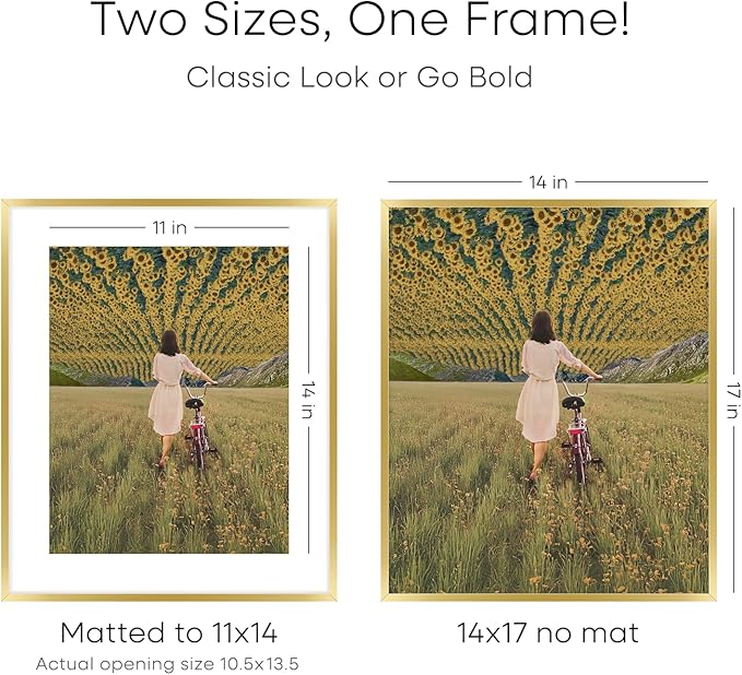 Homeforia 14x17 Picture Frame Gold, High End Metal 14x17 Poster Frames with Mat 11x14 Photo, 14 x 17 Gold Frames Matted to 11 by 14 Print, 17x14 Thin Hanging Frames, Tempered Glass, Wall Kit, Set of 1-Ruum Studio Home