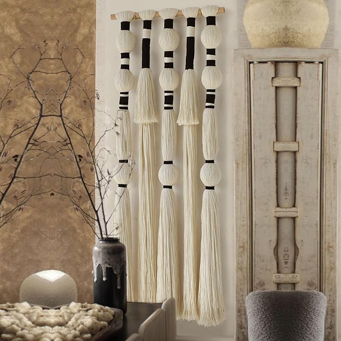 Macrame Wall Hanging Tassels Sphericity Cotton Textile Hanging Geometric Yarn Wall Art for Bedroom Living Room Decor 15.7" W x 39" L-Ruum Studio Home