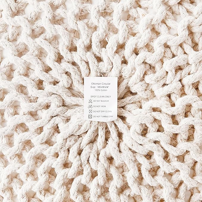 REDEARTH Round Pouf Ottoman –18"x18"x14" Hand-Knitted Cotton Pouffe –Cable Footstool –Boho Dori Hassock –Pre-Stuffed Poof – Extra Seat -Poofy Footrest for Living Room, Bedroom, Nursery, Nook –Ivory-Ruum Studio Home