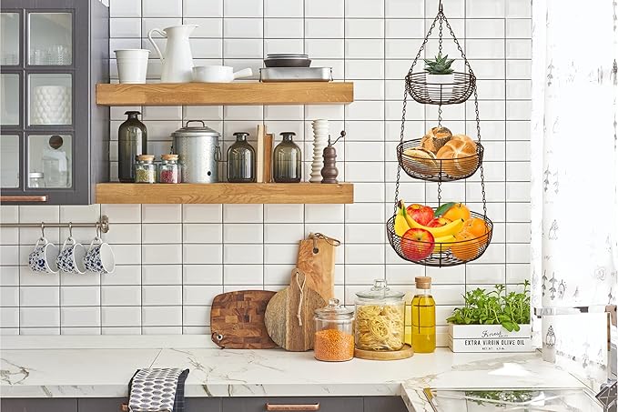CAXXA 3-Tier Hanging Basket Fruit Organizer Kitchen Heavy Duty Wire Organizer with 2 Free Bonus Metal Ceiling Hooks(Bronze)-Ruum Studio Home