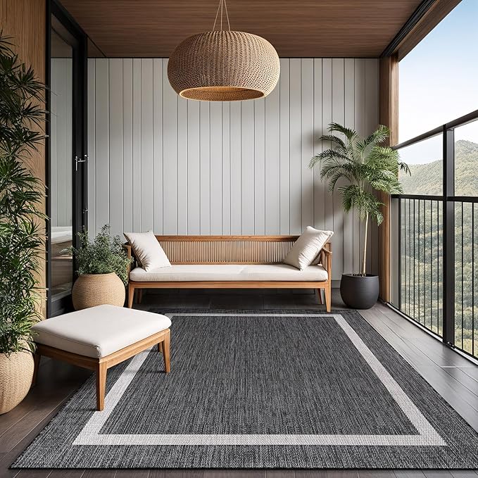 Bordered Outdoor Rug 5x7 Washable Outside Carpet for Indoor Patio Porch Waterproof Easy Cleaning Non Shedding Area Rugs Gray 5 x 7-Ruum Studio Home