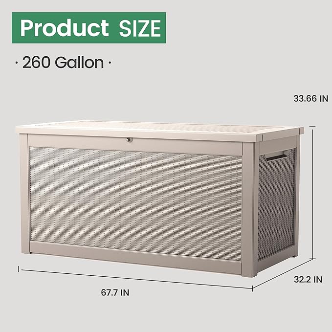 260 Gallon Storage Box, Waterproof Resin Deck Box with Steel Support & Hydraulic Rod, Lockable Storage Bench for Indoor & Outdoor Use, Storage Bin for Patio Cushions, Garden Tools, Grey-Ruum Studio Home