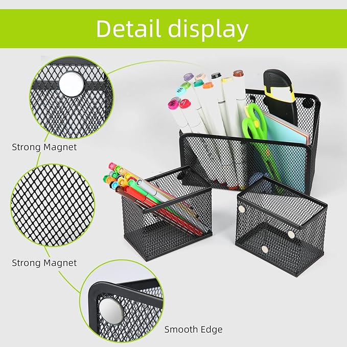 Neudeco Locker Shelf Organizer, Magnetic Pencil Holder, Metal Storage Basket for Whiteboard, Refrigerator, Ideal Cabinet for School, Black (Pack 3L)-Ruum Studio Home
