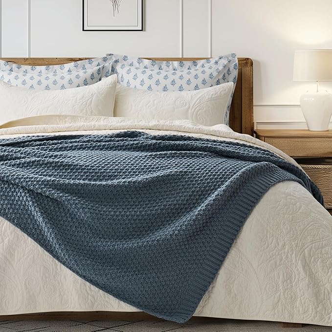 Chunky Chenille Knit Throw Blanket for Couch, Soft Luxurious Moss Stitch Blankets for Bed, Cozy Decorative Farmhouse Knitted Throws for Sofa, Stormy Blue, 50" x 60"-Ruum Studio Home
