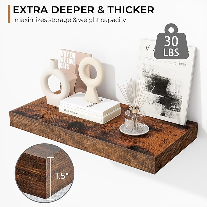 Fun Memories 16 Inch Floating Shelves - Deep Rustic Wooden Wall Shelves - Extra Deeper & Thicker Wall Mounted Storage Shelf for Bedroom, Kitchen, Farmhouse - 2 Pack, Rustic Brown-Ruum Studio Home
