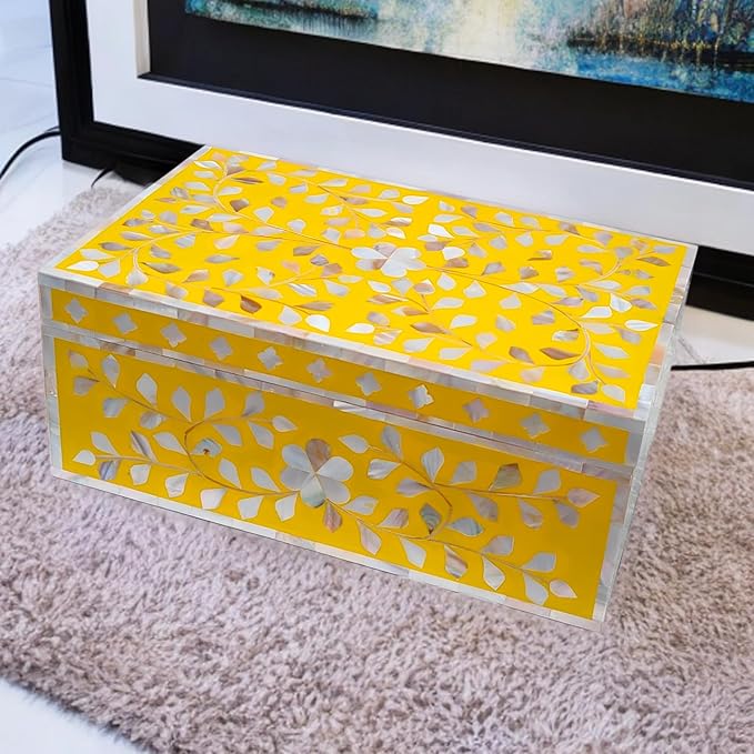 Decorative Storage Box Of Mother Of Pearl Inlay Floral Design Wooden Storage Box For Home Decoration For Living Dining & Bedroom (Yellow_9x6x3.5 inch)-Ruum Studio Home