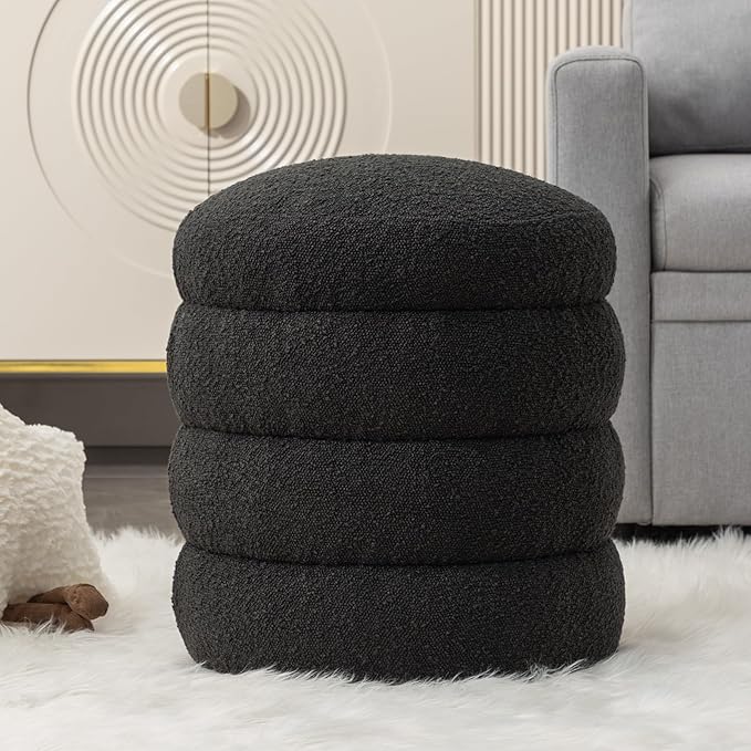 Furniliving Modern Round Ottoman, Soft Bedroom Ottoman Footstool Round Ottomans Stool for Living Room, Bedroom, Makeup Room, Black, Boucle-Ruum Studio Home