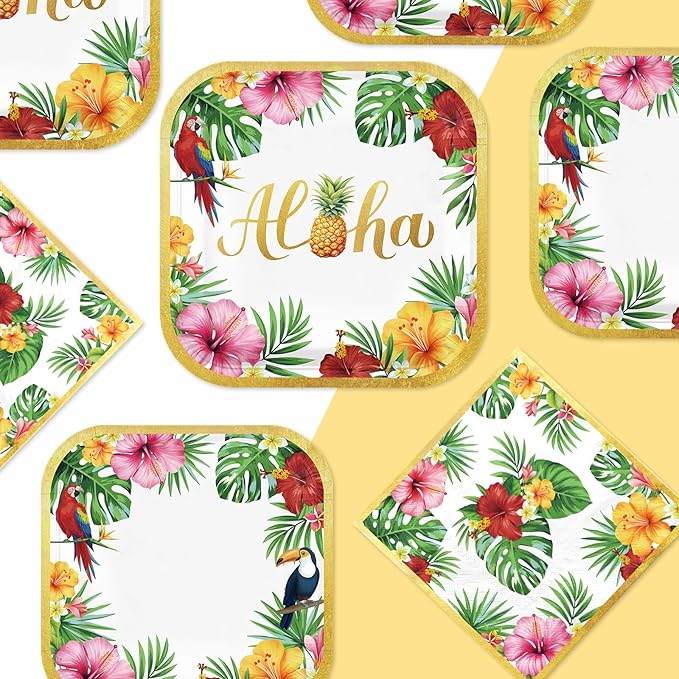 Grencian 200Pcs Hawaiian Luau Party Decorations Aloha Tropical Hibiscus Floral Luau Plates and Napkins Palm Leaf Tableware Sets for Summer Holiday Hawaiian Birthday Dinner Party Supplies Serves 50-Ruum Studio Home