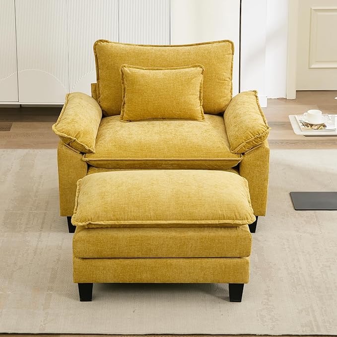 URRED Modular Sectional Sofa Comfy Cloud Couch, Modern Chenille Sofa Sleeper Deep Seat Couches with Ottoman/Pillows for Living Room (Yellow, 53''- Ottoman)-Ruum Studio Home