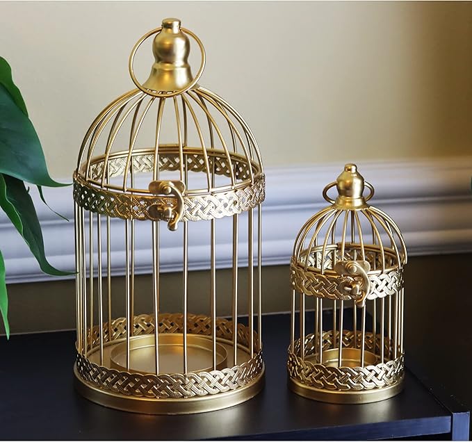 VELA LANTERNS Birdcage Decor Candle Holder Lantern Decorative Wedding Table Centerpiece Decorations, 10" and 6" Tall, Gold, Set of 2-Ruum Studio Home