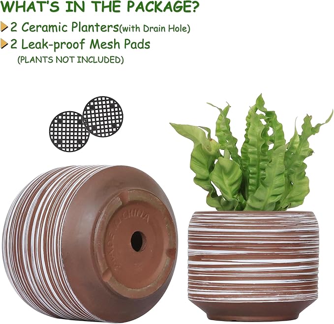 8 Inch + 6 Inch Ceramic Plant Pots Indoor with Drainage – Flower Pot Set, Decorative Indoor Planters for House Plants and Garden Use-Ruum Studio Home