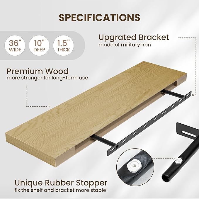 Fun Memories Floating Shelves for Wall 36 Inches, Wood Shelves with Invisible Bracket, 10" Deep Shelves Wall Mounted, Large Wood Floating Shelves for Living Room Bathroom, Oak, Set of 2-Ruum Studio Home