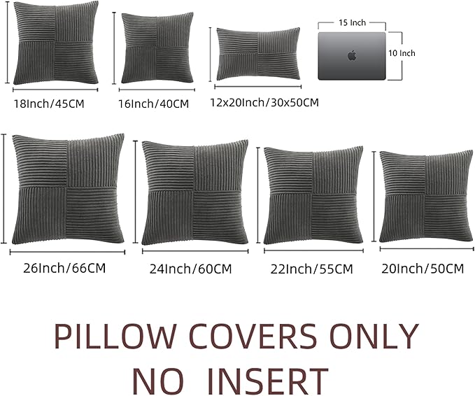 Fancy Homi 2 Packs Dark Gray Decorative Throw Pillow Covers 16x16 Inch for Living Room Couch Bed, Rustic Farmhouse Boho Home Decor, Soft Corss Patchwork Corduroy Textured Square Cushion Case 40x40 cm-Ruum Studio Home