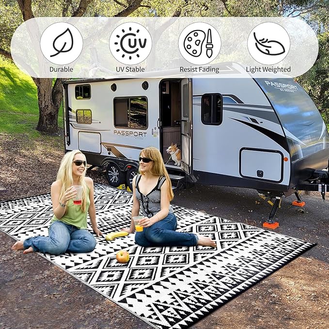 Waterproof Outdoor Rug 8x10ft, Bohemia Reversible Plastic Straw Mat for Patio RV Deck Porch Backyard Balcony Camping Picnic Beach Indoor Outdoor Carpet, Black&White-Ruum Studio Home