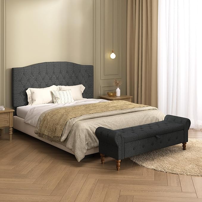 Storage Ottoman Bench for Bedroom, Linen 52" End of Bed Bench with Rolled Arms Upholstered Ottoman Bench Fit for Bedroom, Living Room, Entryway, Dark Gray-Ruum Studio Home