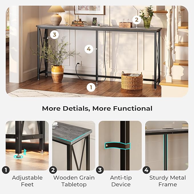 SUPERJARE 70 Inch Console Table with Outlets and USB-C Port, Extra Long Behind Couch Sofa Table with X-Shaped Design, Narrow for Entryway, Living Room, Metal Frame, Wooden Top, Grey-Ruum Studio Home