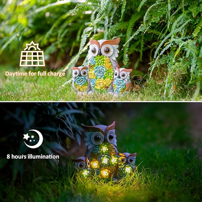 Solar Garden Statue Lights Owl Figurine with LED Lights, Outdoor Garden Succulent Ornaments, Mothers Day Mom Gifts for Outside Patio Yard Lawn Decor-Ruum Studio Home