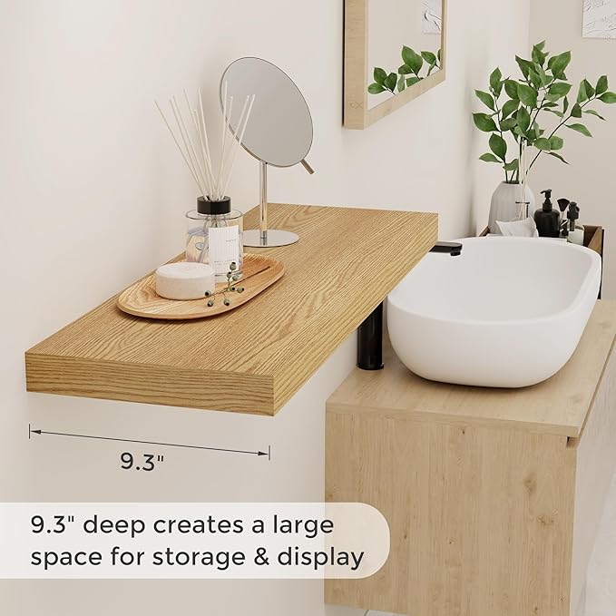 Rustic Wood Floating Shelves 32 Inch Long, 9 Inch Deep Wall Shelves for Home Decor, 32 x 9 Floating Shelf Wall Mounted Set of 2, Deep Floating Shelves for Kitchen, Bedroom, Living Room, Oak Color-Ruum Studio Home