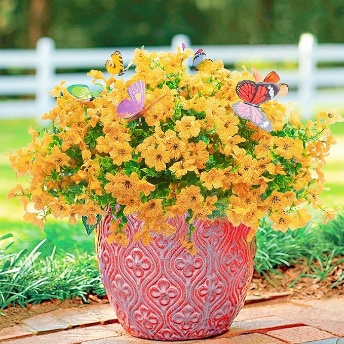 ‌20 Bundles Artificial Flowers for Outdoors‌ with 6 Faux Butterflies, UV Resistant ‌Fake Flowers‌ with Eucalyptus Leaves, ‌Artificial Plants Outdoor‌ for Patio Garden Porch Home Decor (Yellow)-Ruum Studio Home