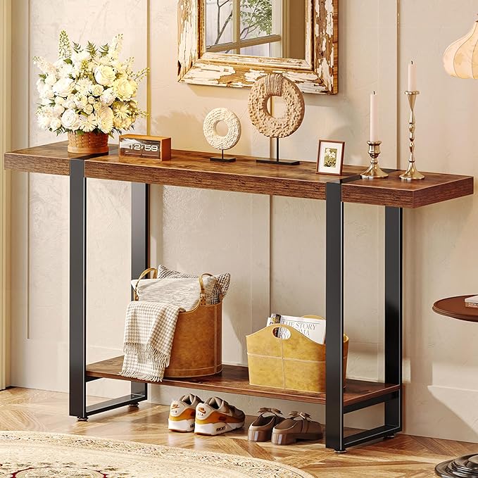 Huuger 47.2 Inch Entryway Table, 2-Tier Industrial Console Sofa Table, Accent Table with Storage, for Entry, Hallway, Entrance, Foyer, T-Shaped Metal Frame, Rustic Brown-Ruum Studio Home
