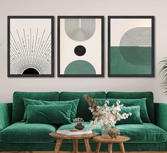 3 Pcs Sage Green Boho Canvas Wall Art Modern Abstract Minimalist Neutral Bohemian Sun Geometric Line Painting Picture Wall Decor Poster Print Artwork for Living Room Bedroom Home Decoration Unframed-Ruum Studio Home