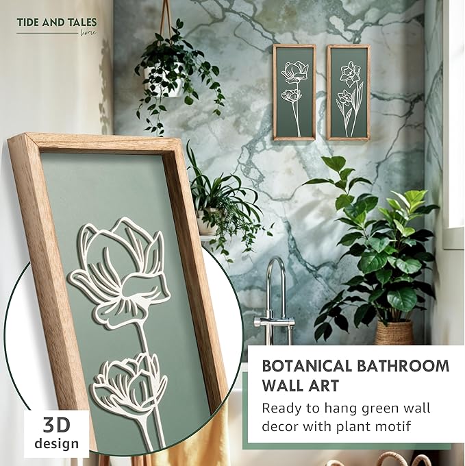 3D Floral Green Wall Art (Set of 2) Lightweight, Wooden Ready-to-Hang Boho Framed Wall Art for Bathroom, Bedroom, Living Room or Office – Premium Sage Green Farmhouse Decor – Gift-Boxed-Ruum Studio Home
