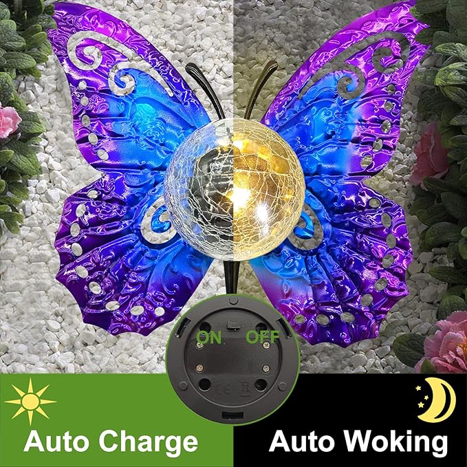 Solar Lights Outdoor Garden Butterfly Decor, Metal Butterfly Statue Decoration with LED Crackle Glass Globe, Solar Powered Lighted Garden Art Decor for Patio Lawn Yard Pathway Tabletop Ground-Ruum Studio Home
