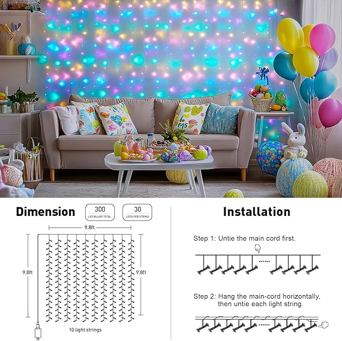 JMEXSUSS 300LED Easter Decorations Curtain Lights with Remote, 9.8x9.8ft Easter Sting Lights Plug in for Bedroom Wall Window Party Backdrop Porch Patio Garden Yard Indoor Outdoor Decor-Ruum Studio Home