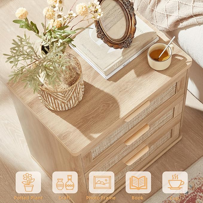 LEYAOYAO Boho Rattan Coffee Table and End Table Sets, 48" Wide Center Tables & 23" Night Stand with 3 Drawers, Natural Wood Coffee Table for Living Room 2 Piece Set-Ruum Studio Home