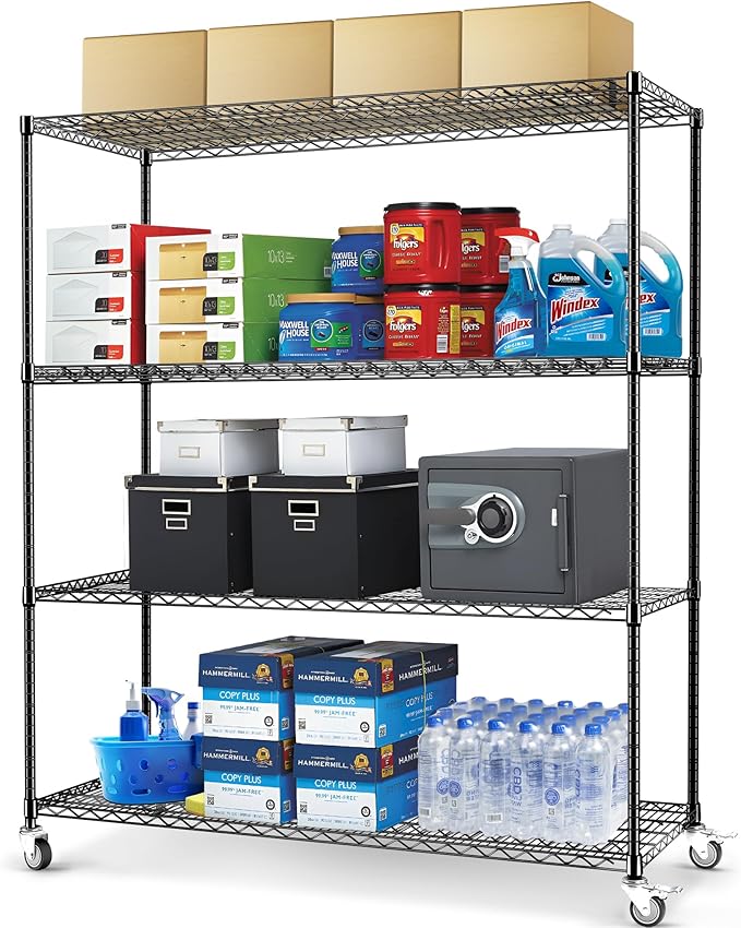 Rengue 4-Tier Wire Shelving with Wheels, 60"x 24"x72" Metal Storage Shelves, Heavy Duty Garage Storage Shelves, Chrome 2400LBS Capacity Wire Shelf Rack for Restaurant, Garage, Pantry, Black-Ruum Studio Home