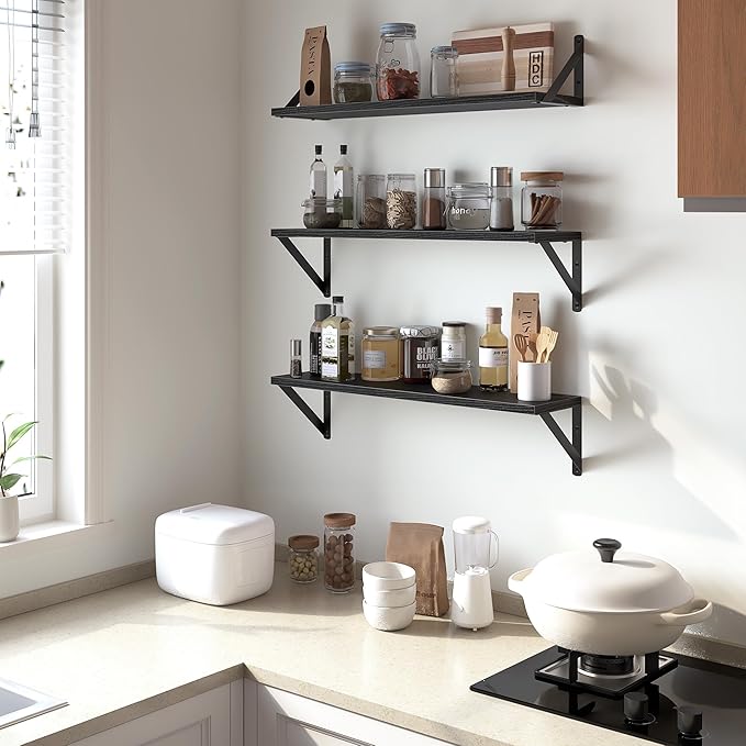 Heimlove Floating Shelves for Wall, 24 Inch Long Wood Floating Shelves Set of 3, Wall Mounted Hanging Shelf for Bathroom Bedroom Kitchen, Black-Ruum Studio Home
