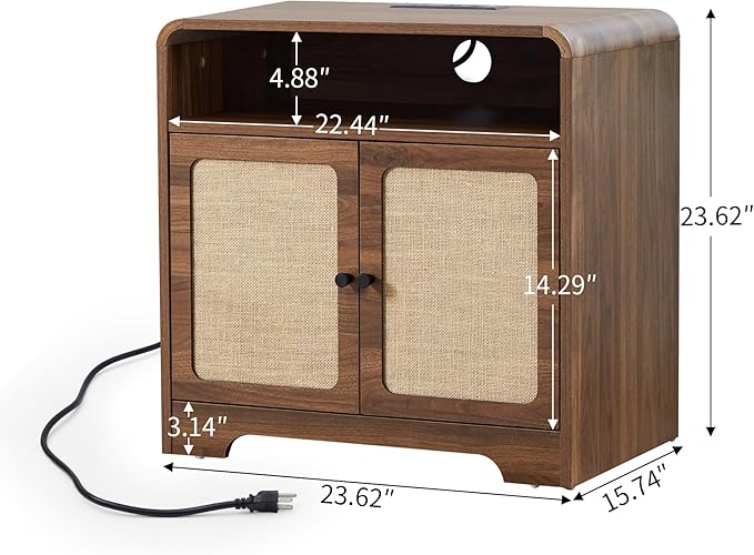 24" Large Side Table with Charging Station, Mid Century Modern End Table with USB/Type-C Ports, Curved Wood Nightstand with Storage & Natural Linen, Couch Side Table for Living Room Bedroom, Walnut-Ruum Studio Home
