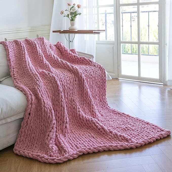 Chunky Knit Blanket - Luxury Soft Cozy 60 * 80 Throw Blanket,100% Woven Blanket Rope Knot Throw Blanket for Couch, Sofa, Home Decor, Gift - Machine Washable(Pink)-Ruum Studio Home