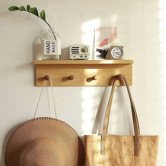 Entrance Coat Rack ，Coat Hooks, Wall-Mounted Wooden Hook Rack, Wall-Mounted Shelves are Very Suitable (Oak Colored Finish-2)-Ruum Studio Home