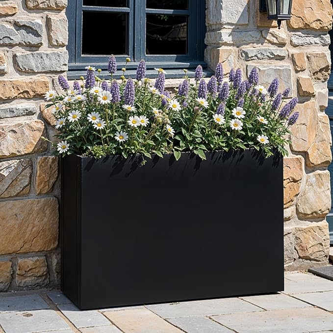IDZO Metal Planter Box, Privacy Trough for Patio, Rectangle Container for Outdoor Plants, Tall Large Rectangular Steel Bed for Outdoor Greens with Drainage Holes & Adjustable Feet, Black-Ruum Studio Home