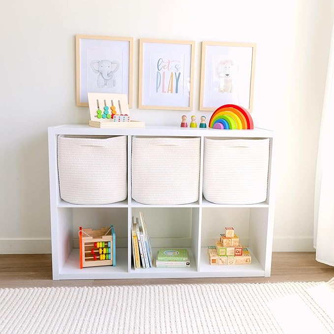NaturalCozy 13 Inch Cube Storage Bins Cotton Rope Woven Baskets for Organizing 3-Pack | 13 x 13 Storage Cubes | Fabric Square Storage Baskets for Shelves Organizer, Kids Toy Bins, Closet Baby Nursery-Ruum Studio Home