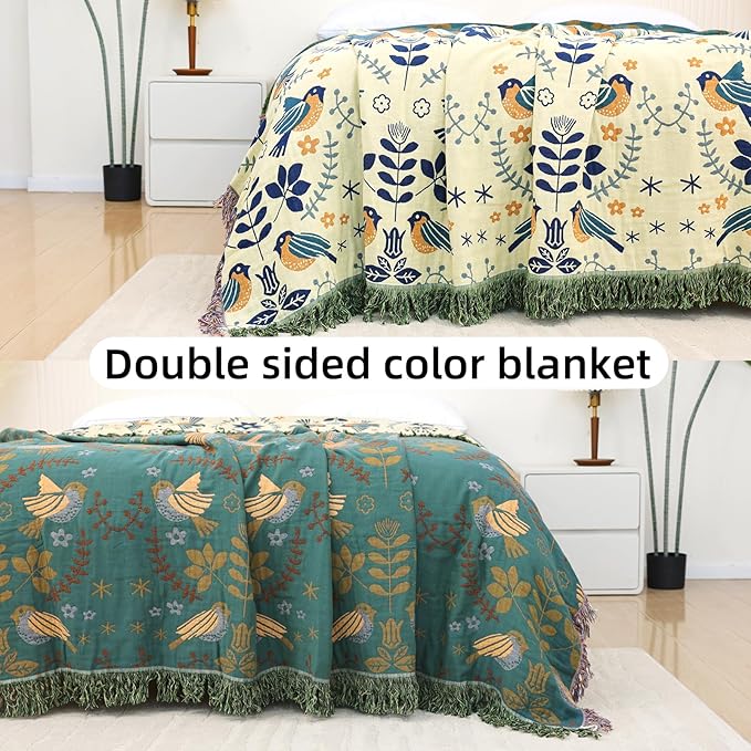 Boho Throw Blanket for Bed, 100% Pure Cotton Ultra Soft Rustic Quilt, Farmhouse Decor Bed Blankets, All Season Rustic Throw for Sofa Couch Chair(80''x 90'', Bird A)-Ruum Studio Home