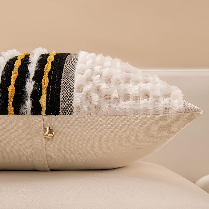 Boho Chenille Tufted Couch Throw Pillow Covers 18x18 Inch Set of 2 Farmhouse Striped Decorative Pillow Covers Accent Neutral Pillowcase Black Yellow Cushion Cover for Living Room Sofa Bed-Ruum Studio Home