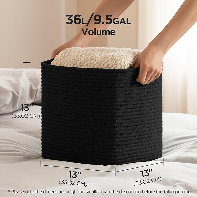 joybest Cube Storage Bins Set of 4, 13inch Cube Baskets Organizer for Nursery, Square Cotton Rope Baskets for Shelves Organizing, Kids Toy, Closet Storage, Black-Ruum Studio Home