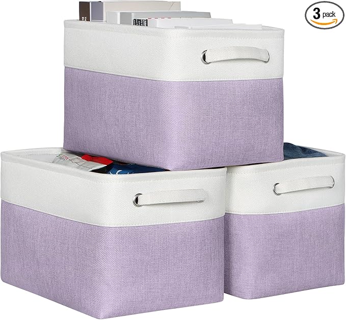 Kntiwiwo Foldable Storage Bins 15" x 10" x 9.5" Fabric Storage Basket Cube with Handles Large Linen Closet Organizer Bins for Organizing Shelf Home, Set of 3, Purple-Ruum Studio Home
