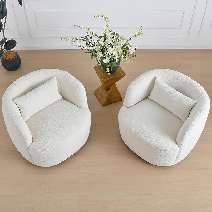 KINWELL 34" Wide Sherpa Swivel Barrel Chairs Set of 2, No Assembly Round Boucle Upholstered Accent Chairs Armchairs Single Sofa Chair with Toss Pillow for Living Room and Bedroom, Beige-Ruum Studio Home