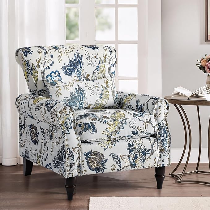 Wingback Accent Chair with Removable Pillow, High Back Floral Armchair with Solid Wood Legs & Nailhead Trim, Comfy Upholstered Reading Single Sofa Chair for Bedroom (1, Blue Floral Pattern)-Ruum Studio Home